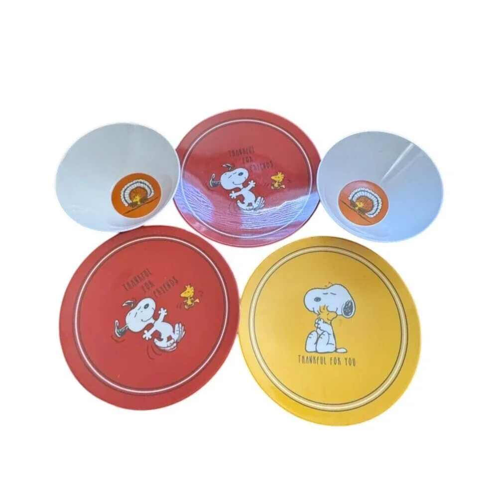 5 Pottery Barn Peanuts Plates bowls Charlie Brown Snoopy Woodstock Thanksgiving